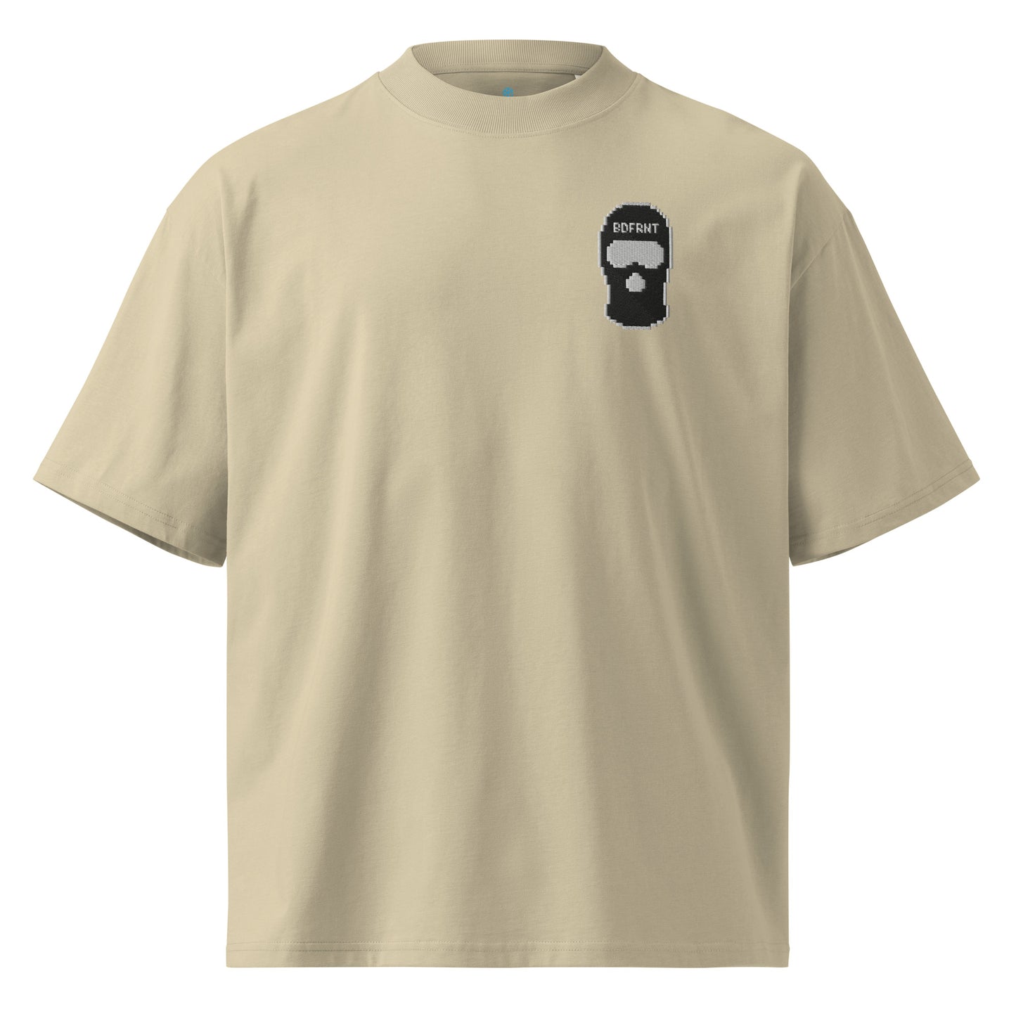 Beige-Pixel Balaclava Graffiti Tee from B.Different Clothing, front view, graffiti-inspired streetwear, oversized heavyweight t-shirt