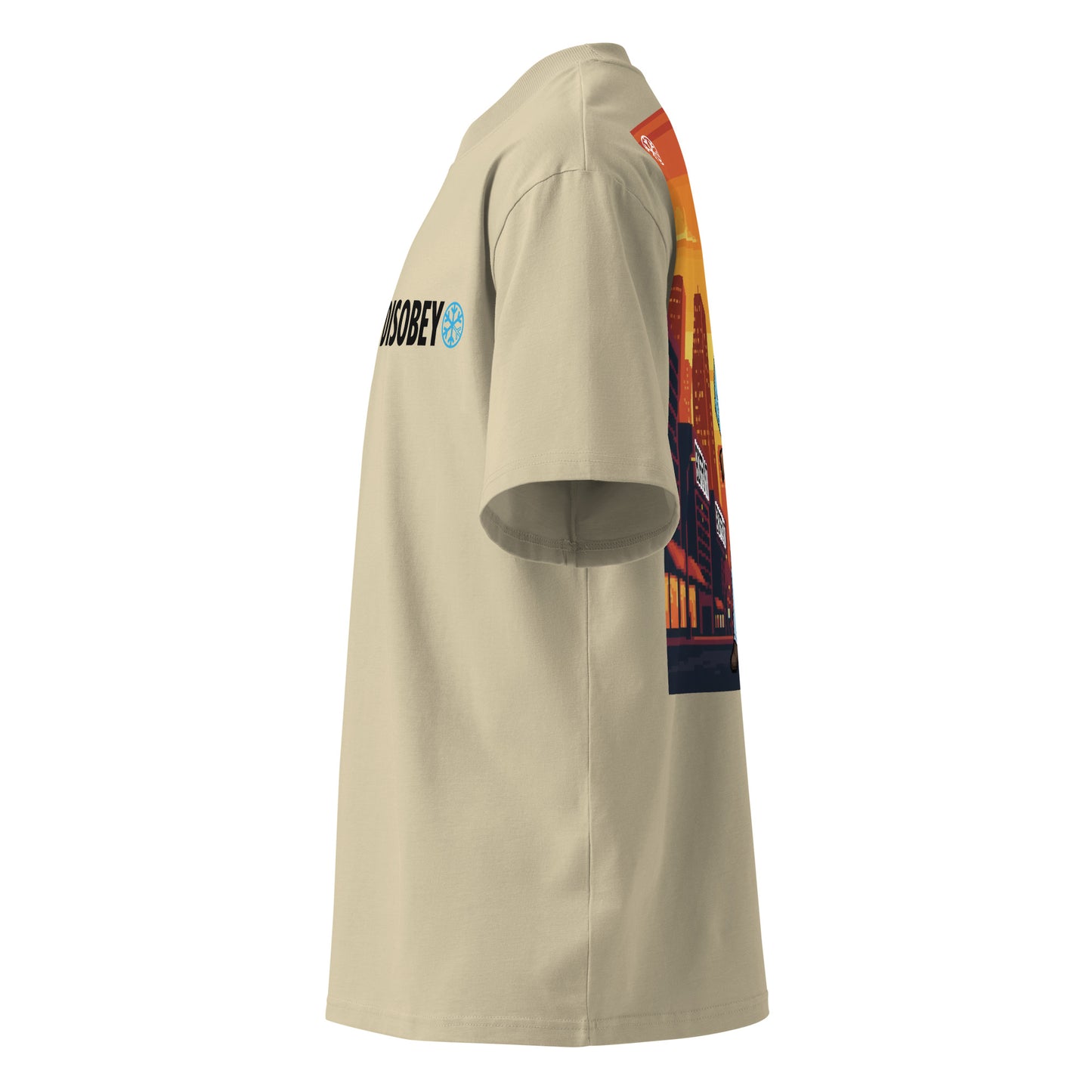 Beige-Pixel Disobey Tee from B.Different Clothing, left view, graffiti-inspired streetwear oversized heavyweight t-shirt