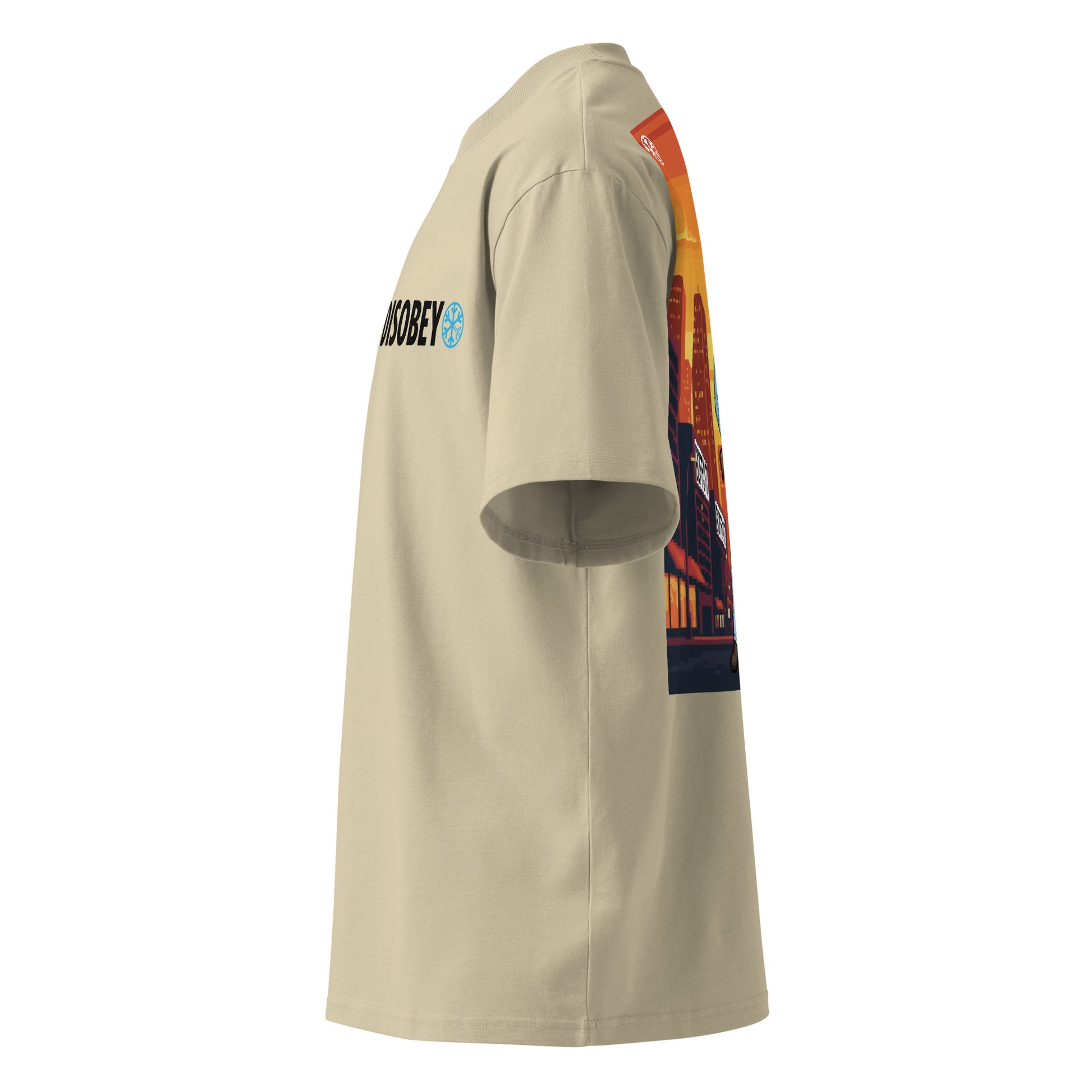 Beige-Pixel Disobey Tee from B.Different Clothing, left view, graffiti-inspired streetwear oversized heavyweight t-shirt