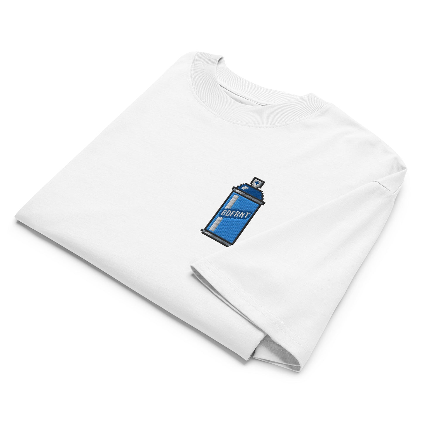 White-Pixel Spray Can Graffiti Tee from B.Different Clothing, folded, graffiti-inspired streetwear oversized heavyweight t-shirt