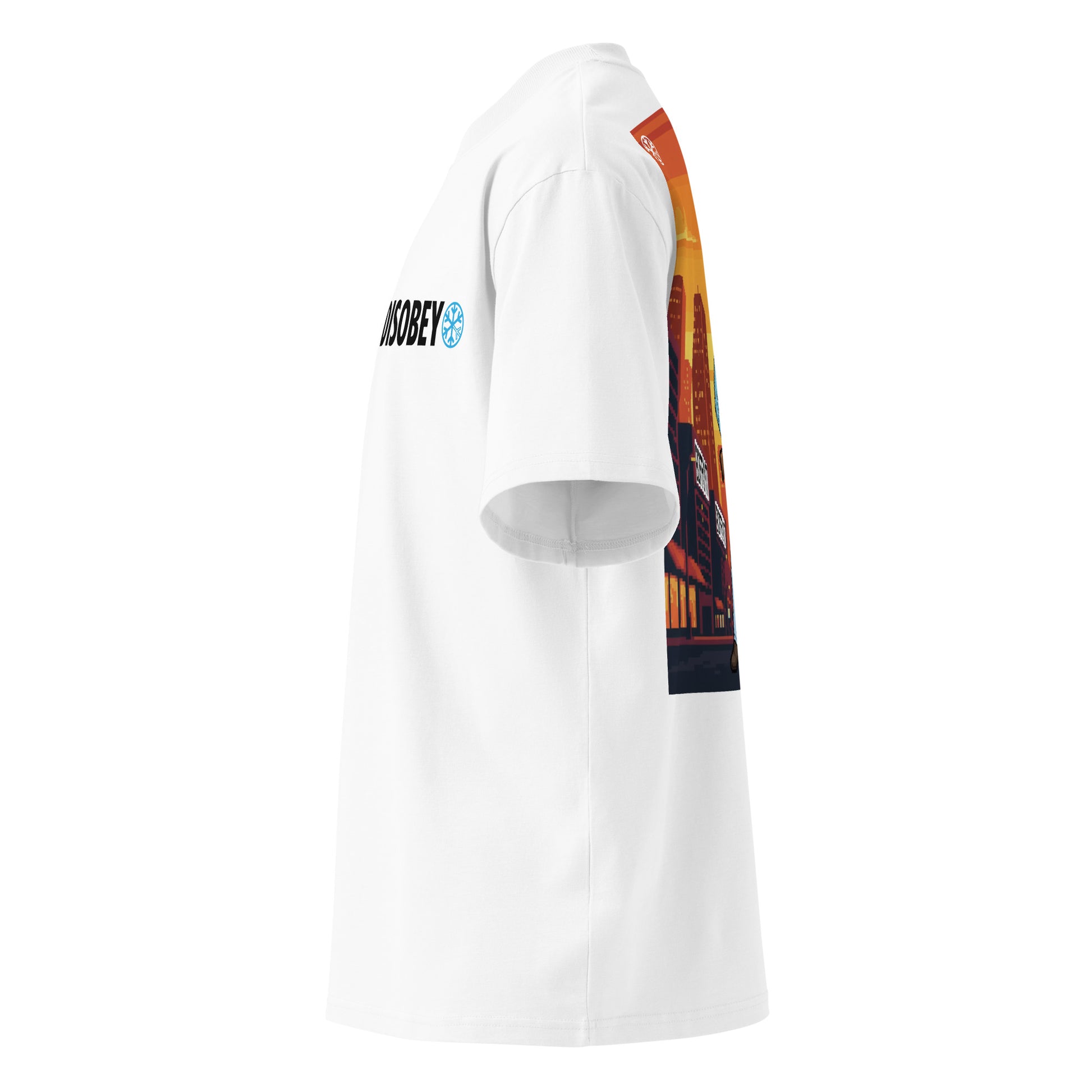 White-Pixel Disobey Tee from B.Different Clothing, left view, graffiti-inspired streetwear oversized heavyweight t-shirt