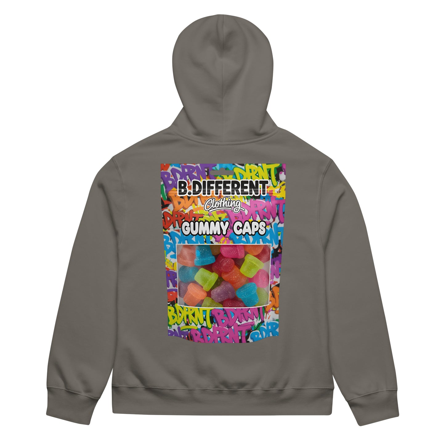 Gray-Gummy Caps Graffiti Hoodie from B.Different Clothing, back view, graffiti-inspired streetwear, oversized heavyweight