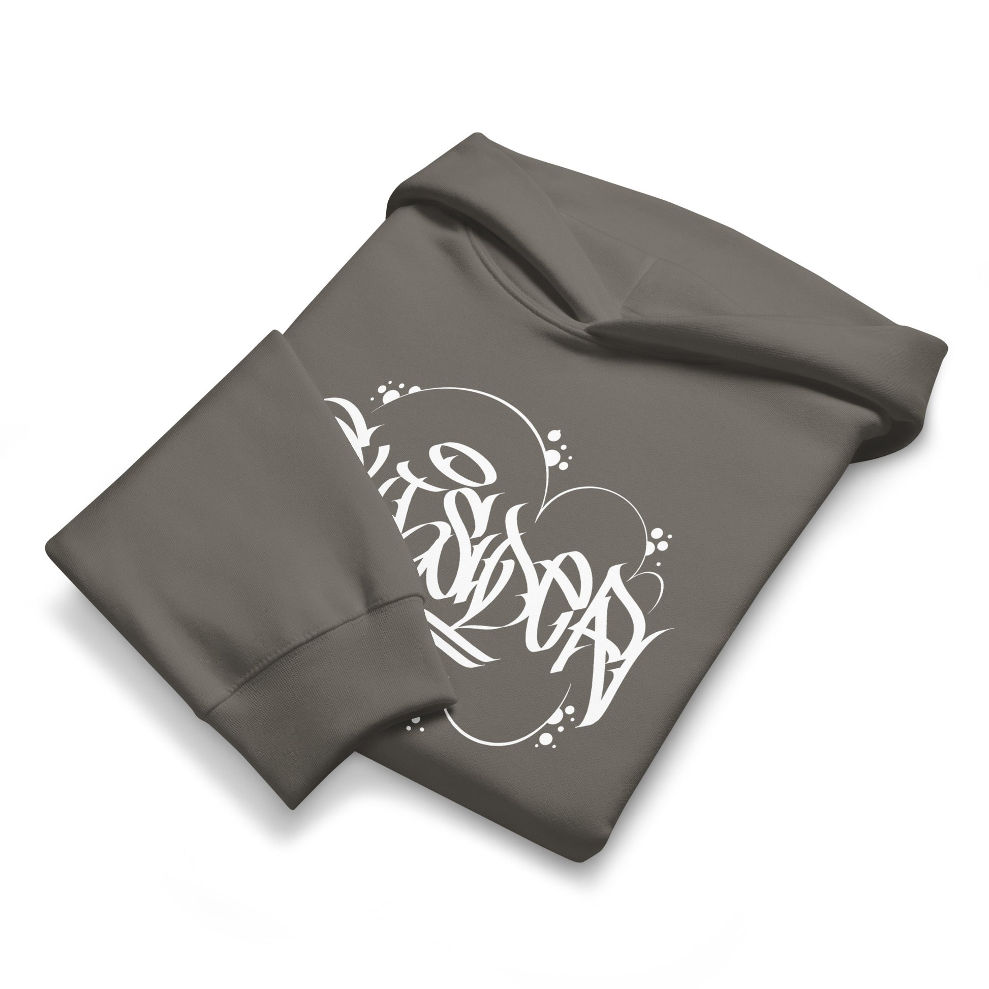 Gray-Outcast Graffiti Tag Hoodie by Caos One from B.Different Clothing, folded, graffiti-inspired streetwear, oversized heavyweight