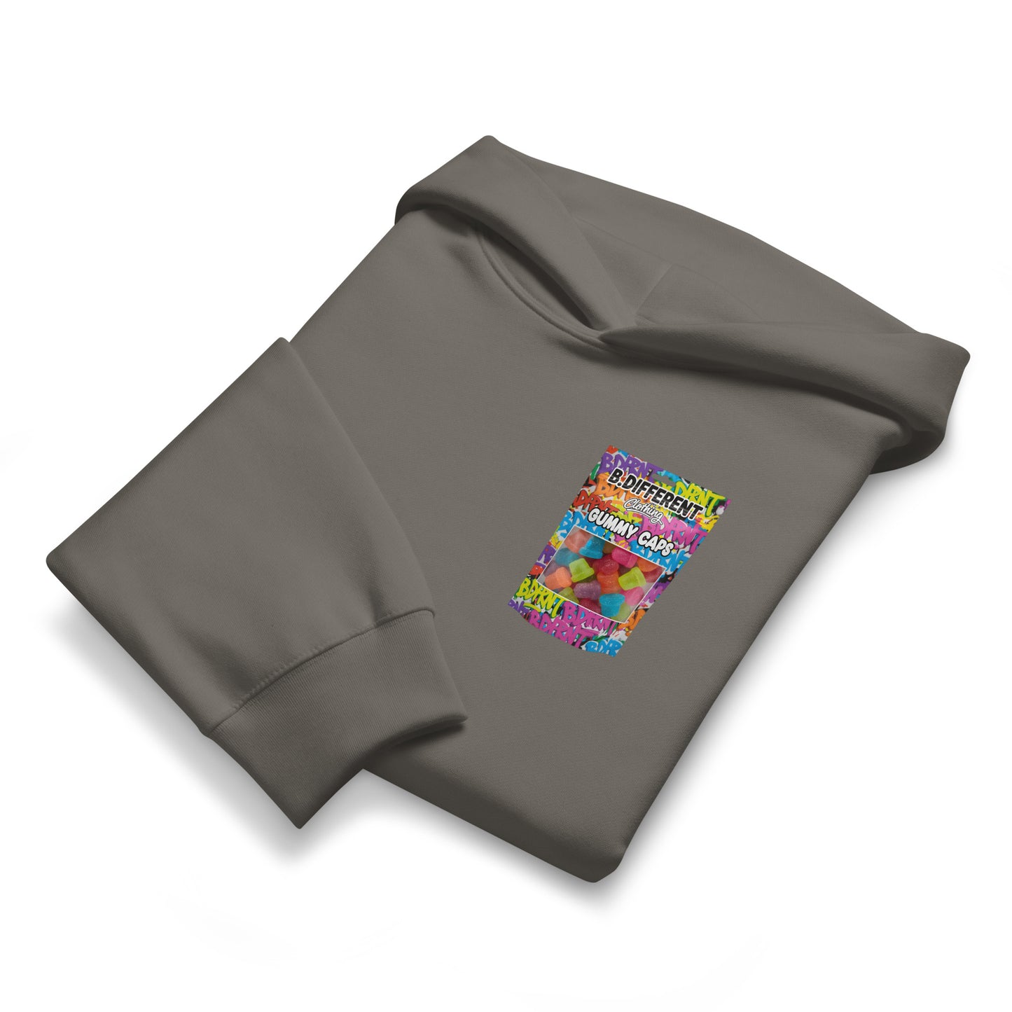 Gray-Gummy Caps Graffiti Hoodie from B.Different Clothing, folded, graffiti-inspired streetwear, oversized heavyweight