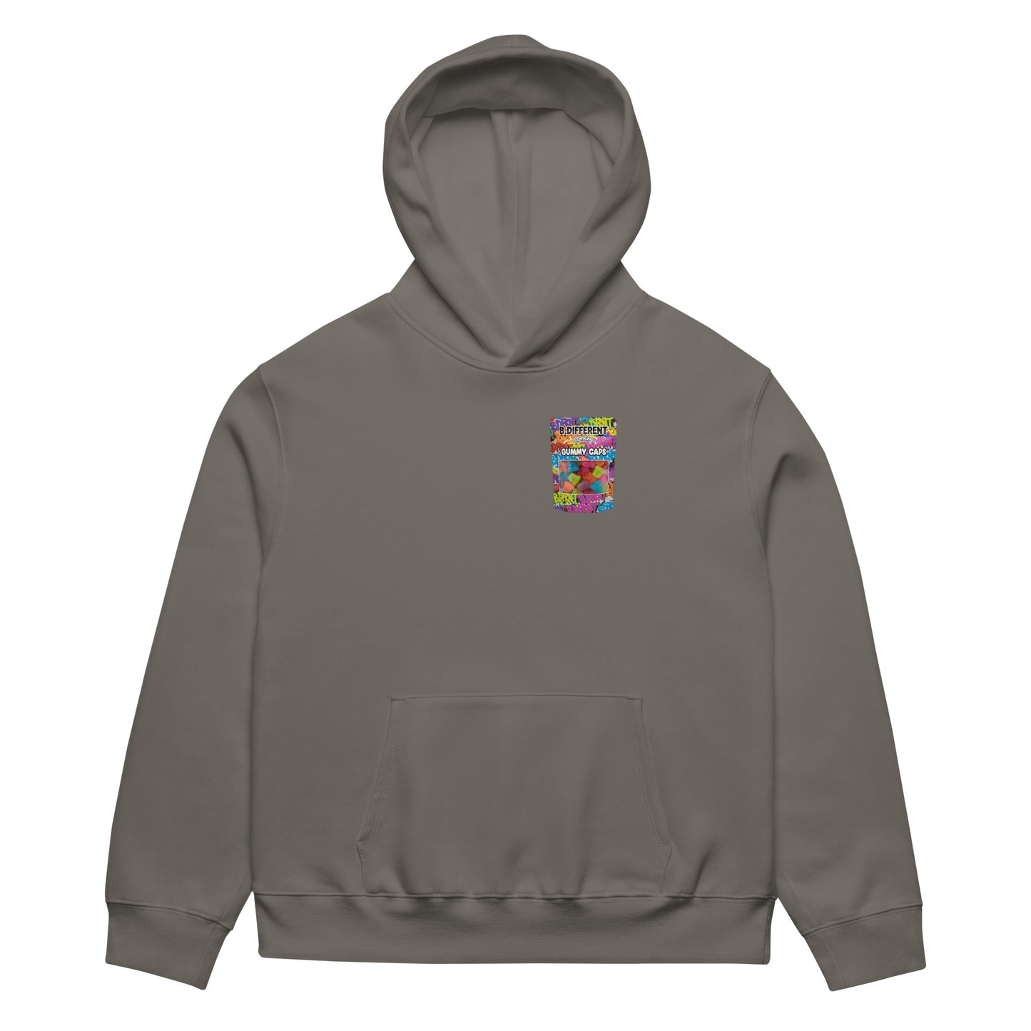 Gray-Gummy Caps Graffiti Hoodie from B.Different Clothing, front view, graffiti-inspired streetwear, oversized heavyweight