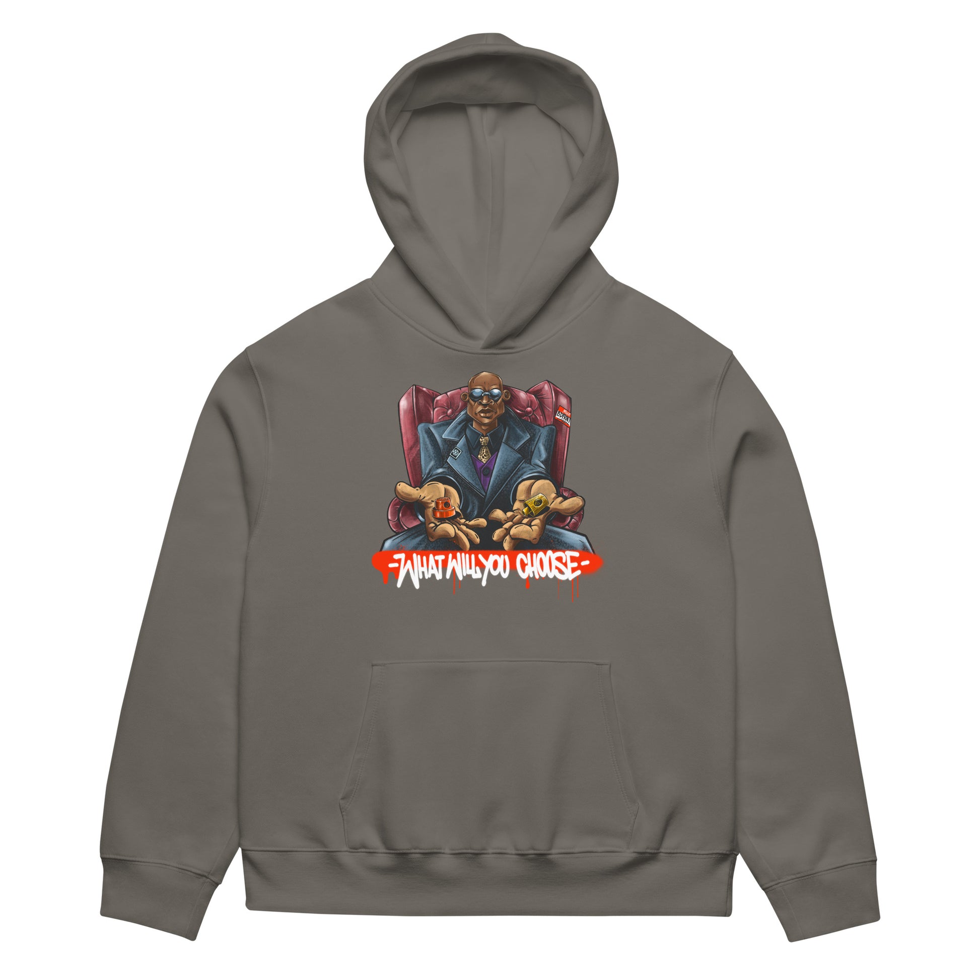 Gray-Make Your Choice Graffiti Hoodie by Trk One from B.Different Clothing, front view, graffiti-inspired streetwear, oversized heavyweight