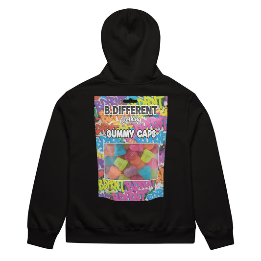 Black-Gummy Caps Graffiti Hoodie from B.Different Clothing, back view, graffiti-inspired streetwear, oversized heavyweight