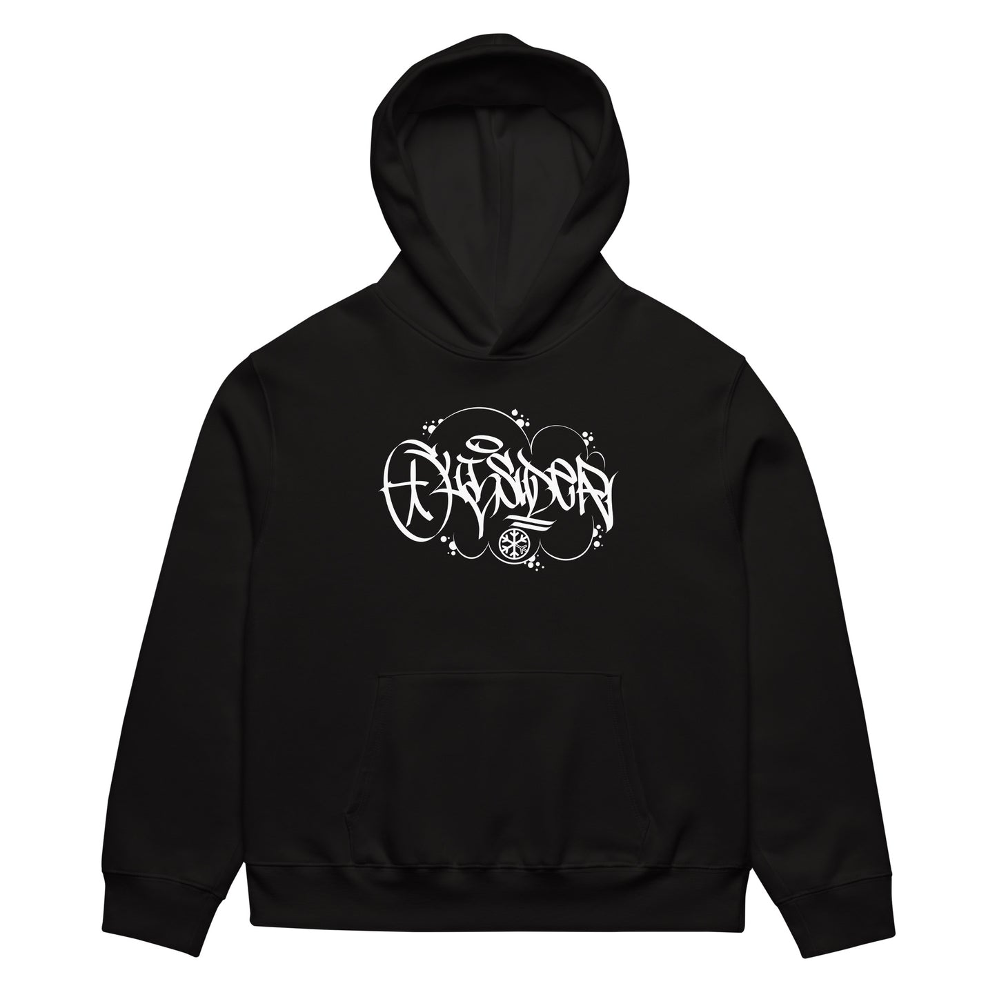 Black-Outcast Graffiti Tag Hoodie by Caos One from B.Different Clothing, front view, graffiti-inspired streetwear, oversized heavyweight