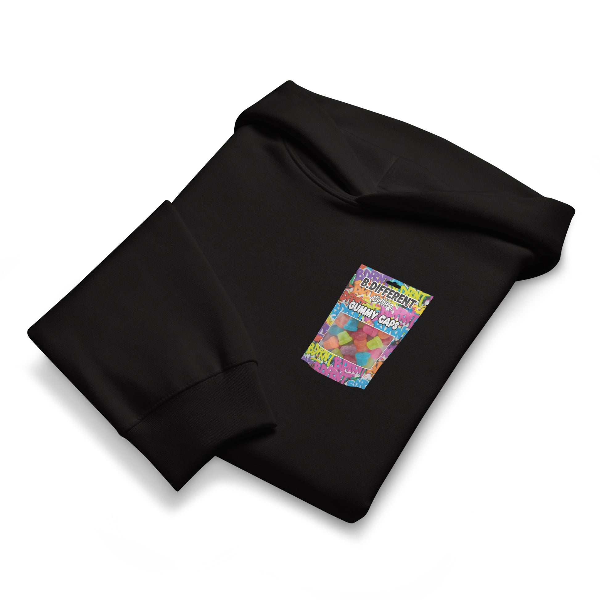 Black-Gummy Caps Graffiti Hoodie from B.Different Clothing, folded, graffiti-inspired streetwear, oversized heavyweight