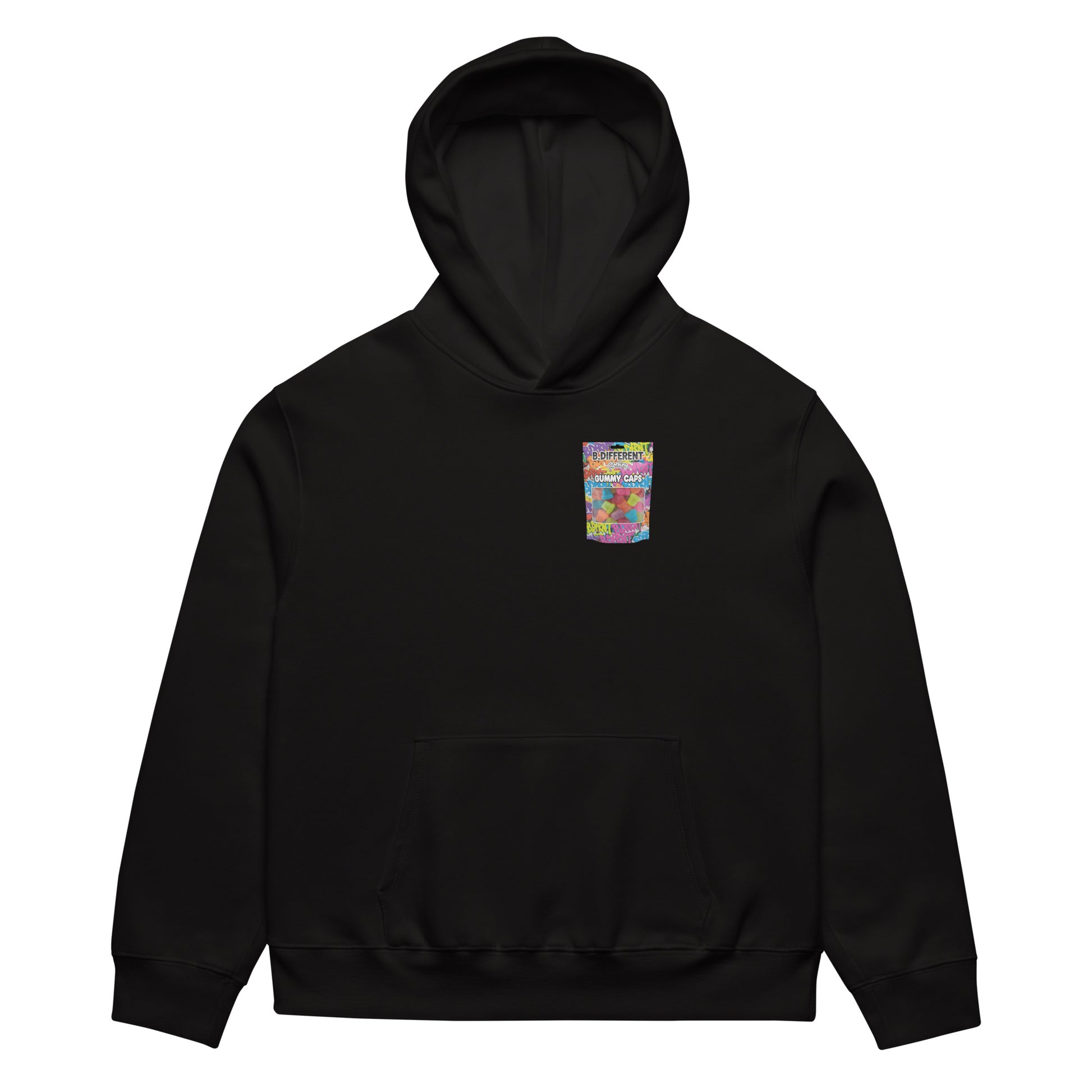 Black-Gummy Caps Graffiti Hoodie from B.Different Clothing, front view, graffiti-inspired streetwear, oversized heavyweight