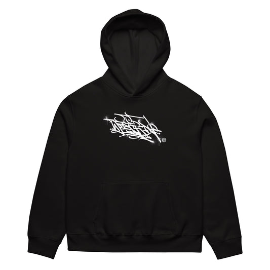 Black-Weirdo Graffiti Tag Hoodie by Shew from B.Different Clothing, front view, graffiti-inspired streetwear, oversized heavyweight