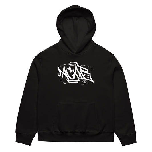 Black-Acab Graffiti Tag Hoodie by Caos One from B.Different Clothing, front view, graffiti-inspired streetwear, oversized heavyweight