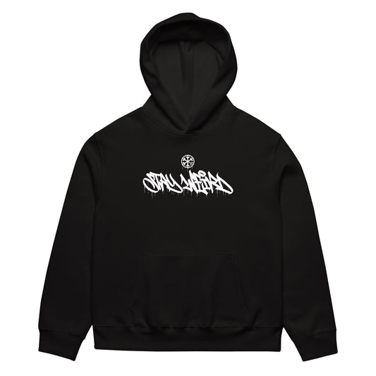 Black-Stay Weird Graffiti Tag Hoodie by Monsterinho from B.Different Clothing, front view, graffiti-inspired streetwear, oversized heavyweight