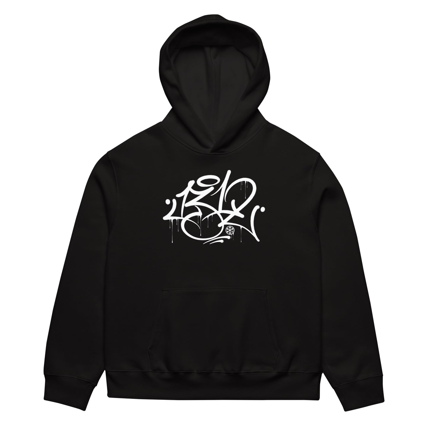 Black-1312 Graffiti Tag Hoodie by Caos One from B.Different Clothing, front view, graffiti-inspired streetwear, oversized heavyweight