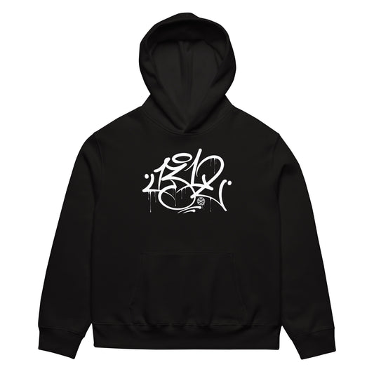 Black-1312 Graffiti Tag Hoodie by Caos One from B.Different Clothing, front view, graffiti-inspired streetwear, oversized heavyweight