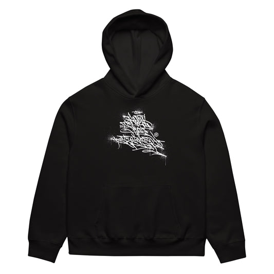 Black-Bomb The System Graffiti Hoodie by Shew from B.Different Clothing, front view, graffiti-inspired streetwear, oversized heavyweight