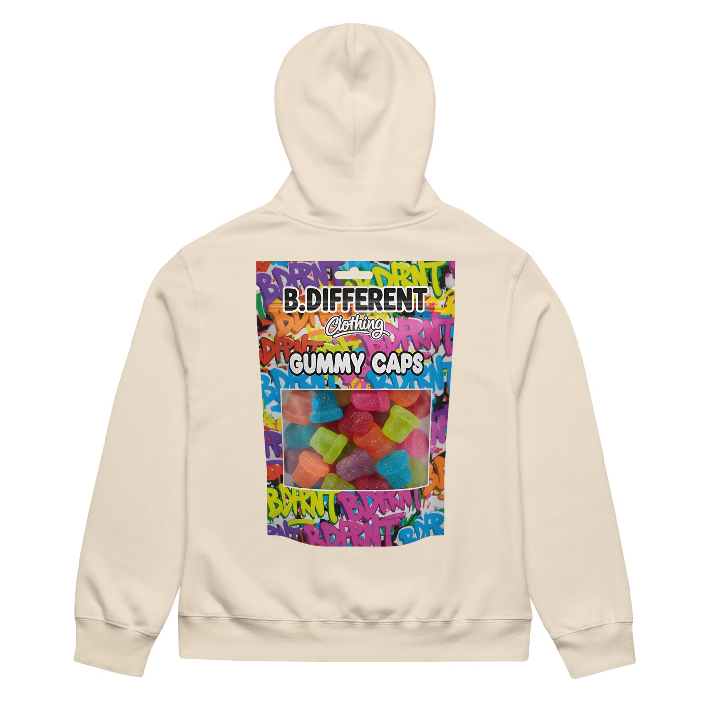 Beige-Gummy Caps Graffiti Hoodie from B.Different Clothing, back view, graffiti-inspired streetwear, oversized heavyweight