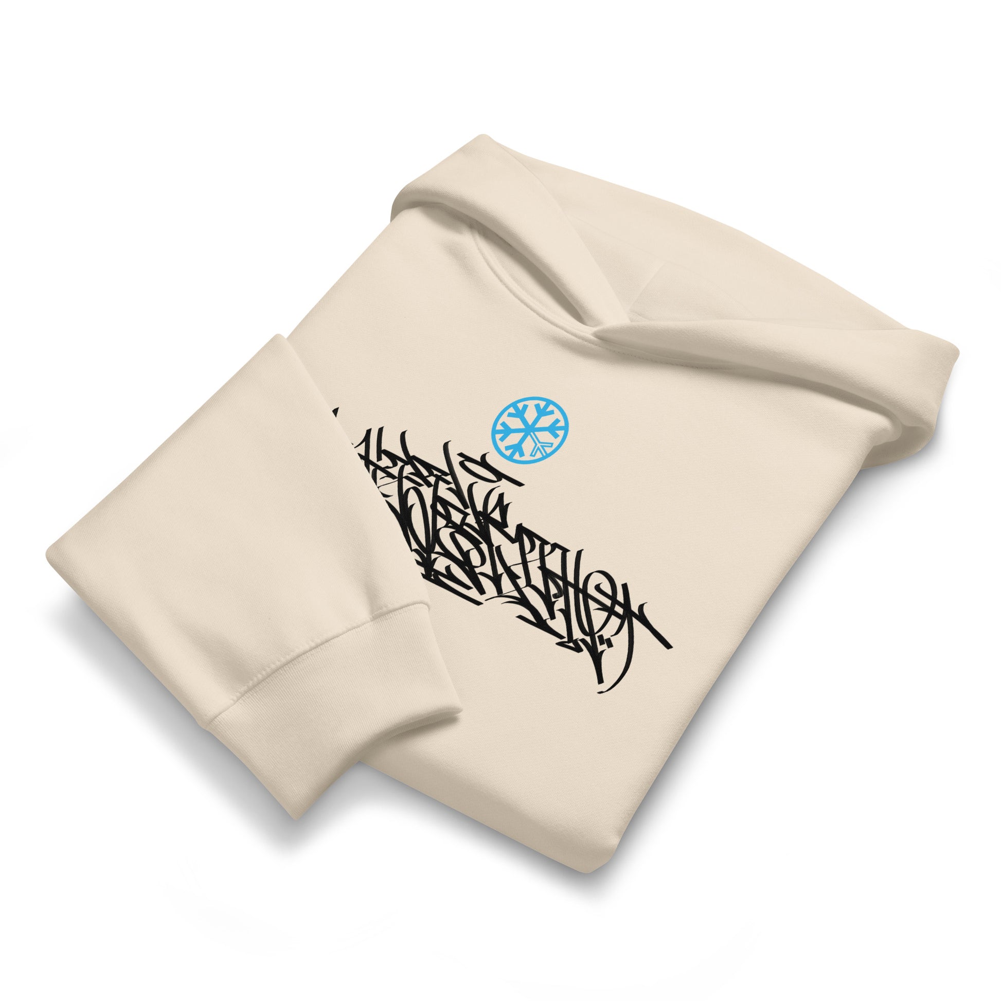Beige-Shew Collab Graffiti Hoodie from B.Different Clothing, folded, graffiti-inspired streetwear, oversized heavyweight