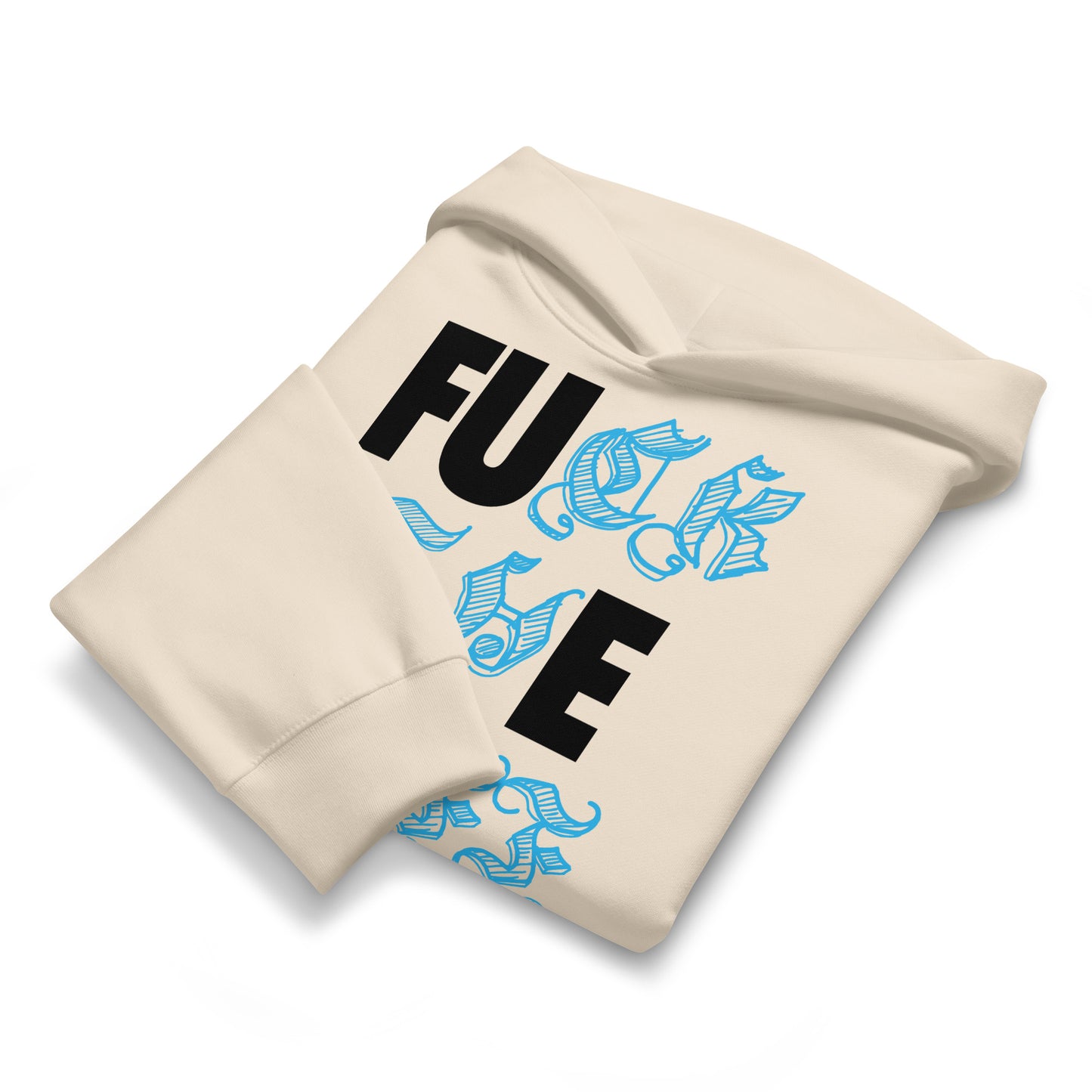 Beige-Fuck The Buff Graffiti Hoodie from B.Different Clothing, folded, graffiti-inspired streetwear, oversized heavyweight
