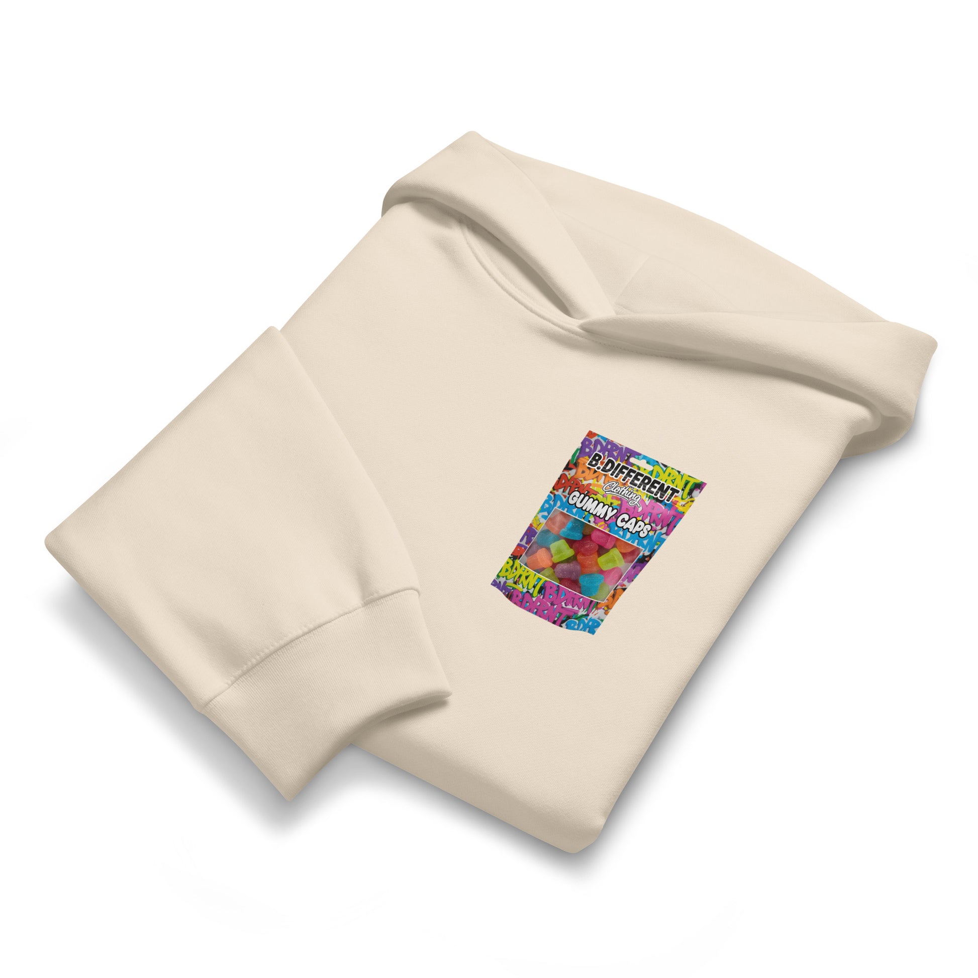 Beige-Gummy Caps Graffiti Hoodie from B.Different Clothing, folded, graffiti-inspired streetwear, oversized heavyweight