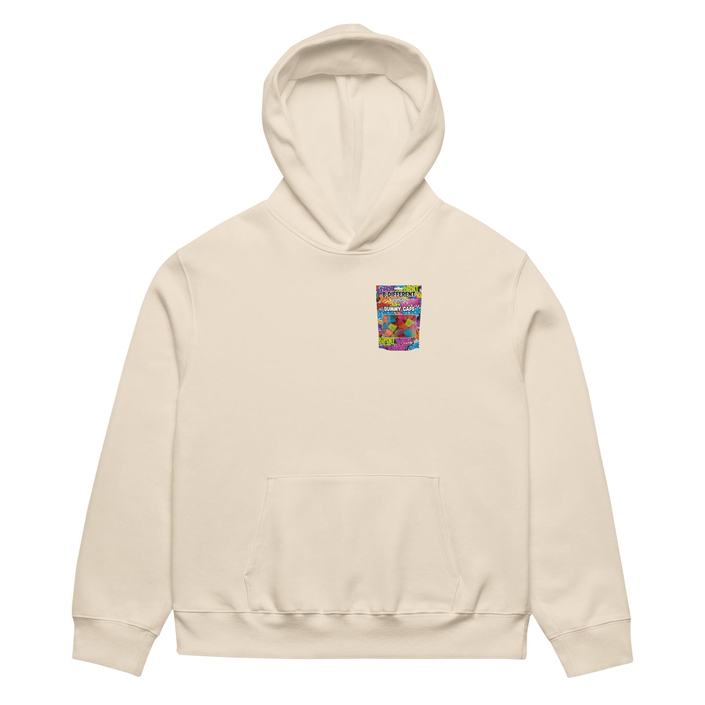 Beige-Gummy Caps Graffiti Hoodie from B.Different Clothing, front view, graffiti-inspired streetwear, oversized heavyweight