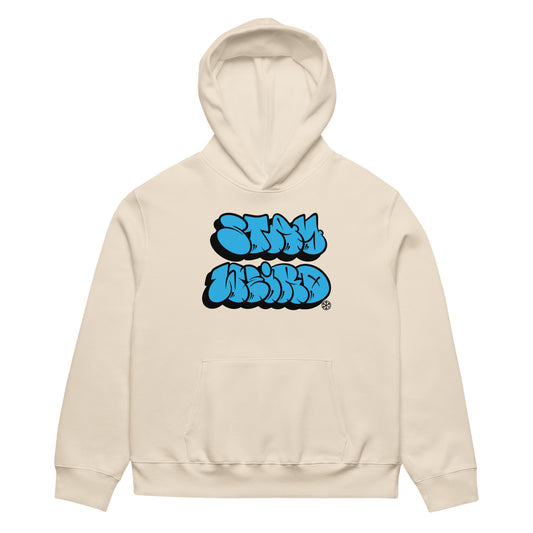 Beige-Stay Weird Graffiti Throwie Hoodie by Monsterinho from B.Different Clothing, front view, graffiti-inspired streetwear, oversized heavyweight