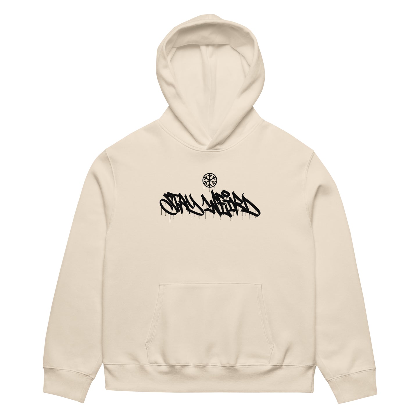 Beige-Stay Weird Graffiti Tag Hoodie by Monsterinho from B.Different Clothing, front view, graffiti-inspired streetwear, oversized heavyweight