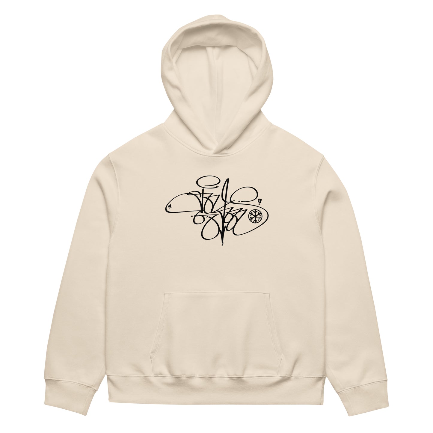 Beige-Toys Tag Hoodie by Graffiti Dad from B.Different Clothing, front view, graffiti-inspired streetwear, oversized heavyweight