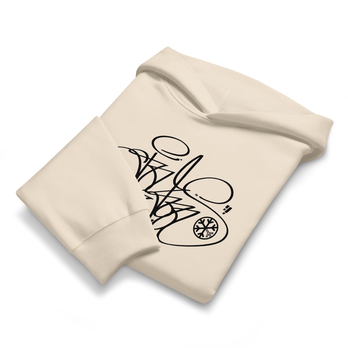 Beige-Toys Tag Hoodie by Graffiti Dad from B.Different Clothing, folded, graffiti-inspired streetwear, oversized heavyweight