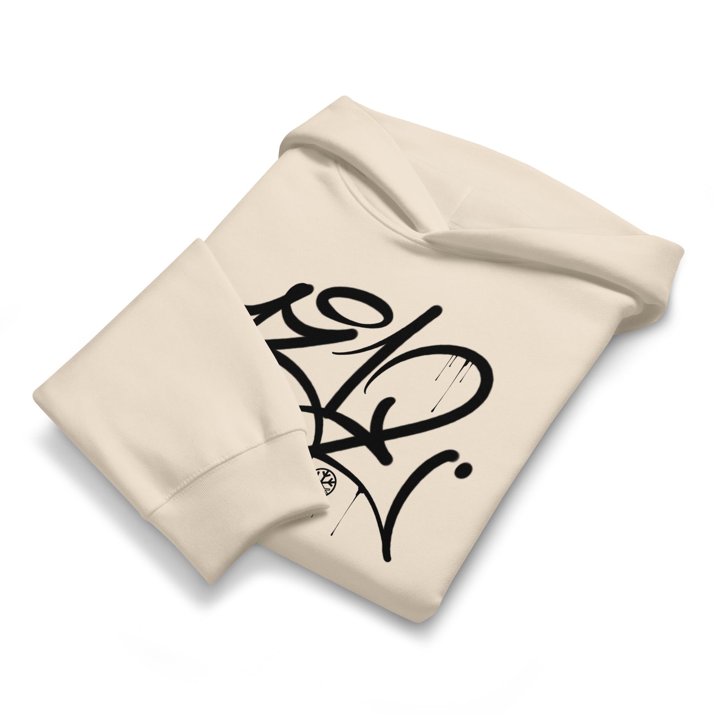 Beige-1312 Graffiti Tag Hoodie by Caos One from B.Different Clothing, folded, graffiti-inspired streetwear, oversized heavyweight
