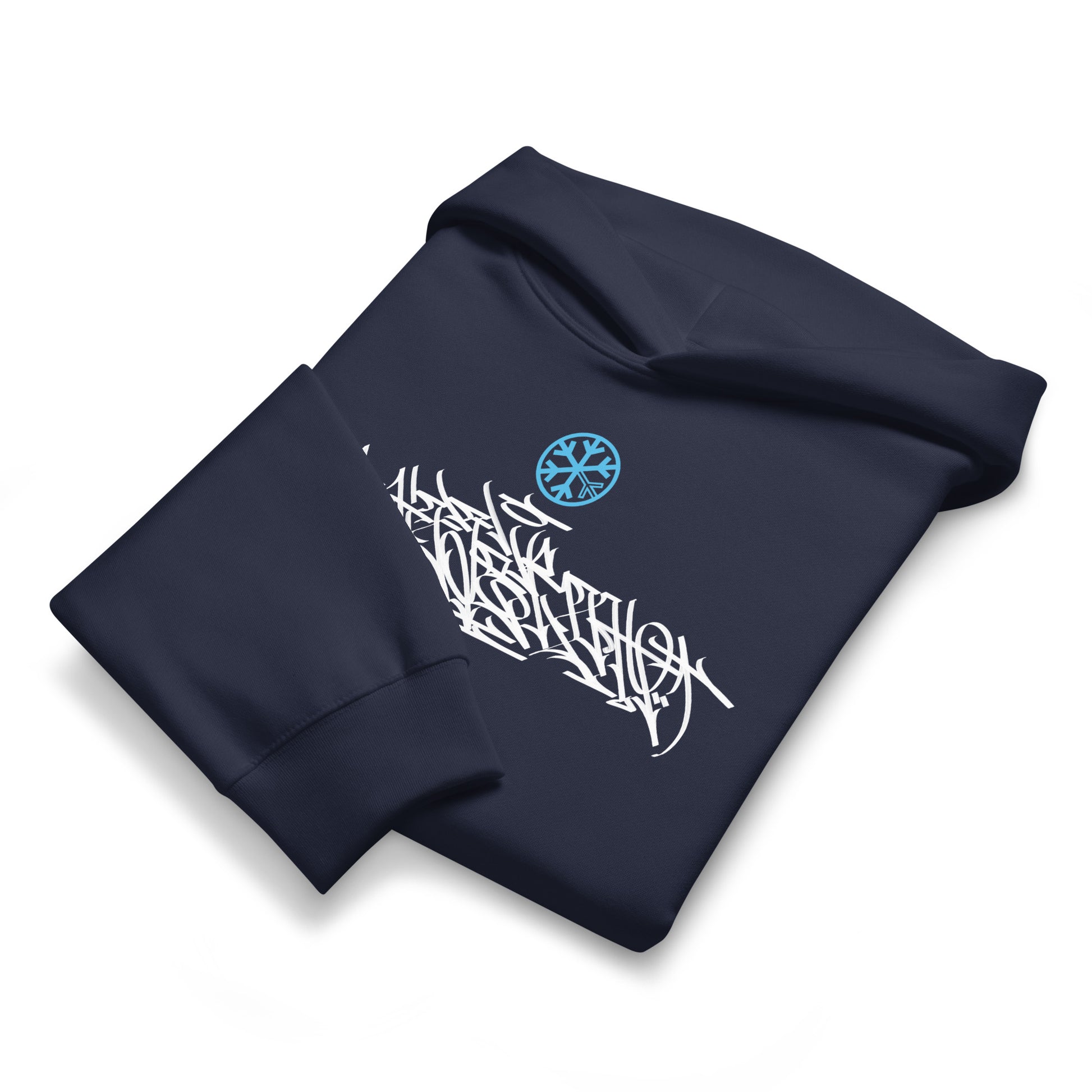 Navy-Shew Collab Graffiti Hoodie from B.Different Clothing, folded, graffiti-inspired streetwear, oversized heavyweight