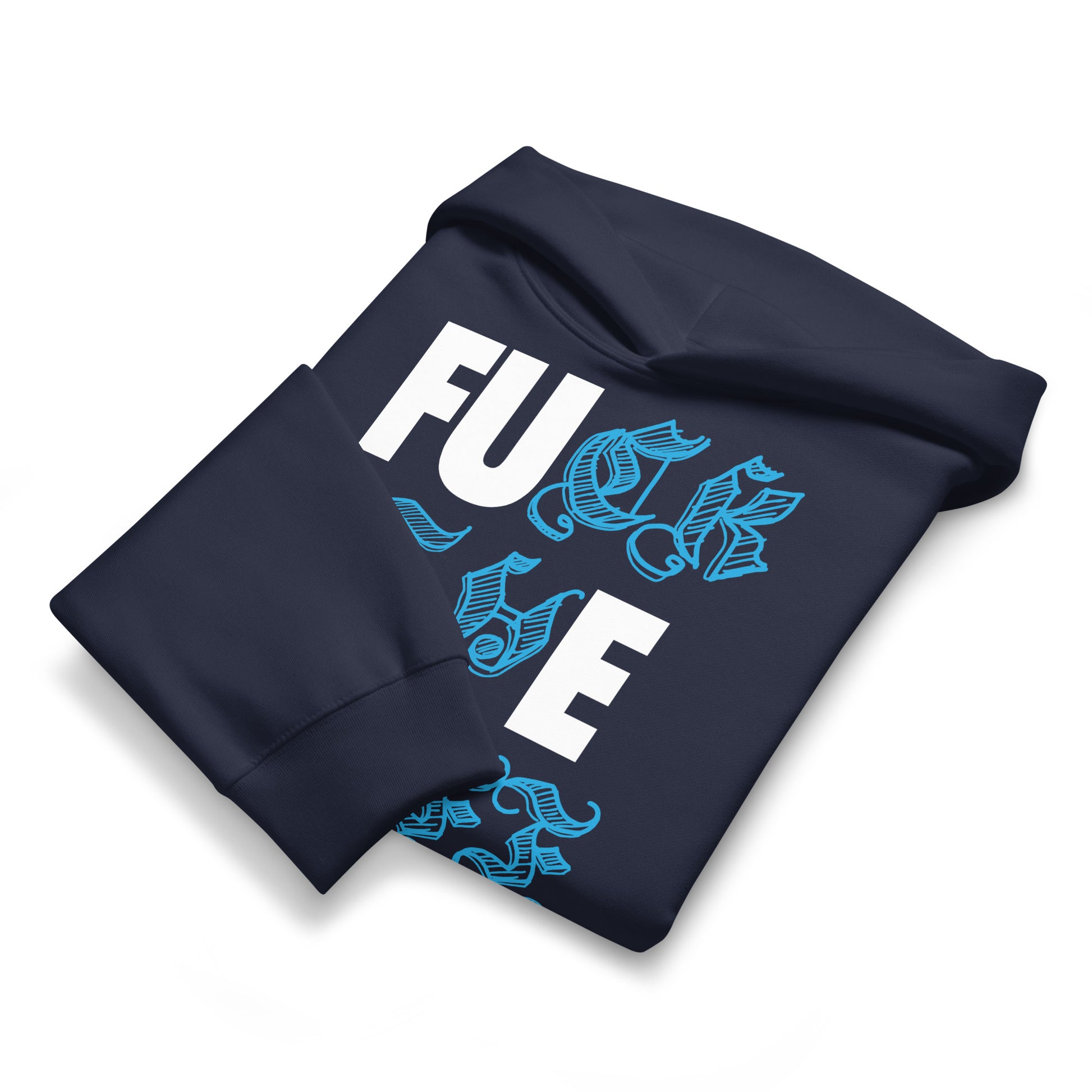 Navy-Fuck The Buff Graffiti Hoodie from B.Different Clothing, folded, graffiti-inspired streetwear, oversized heavyweight