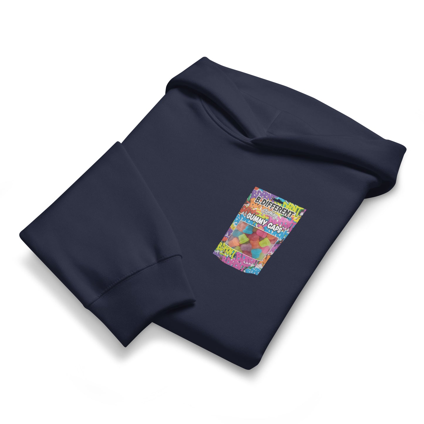 Navy-Gummy Caps Graffiti Hoodie from B.Different Clothing, folded, graffiti-inspired streetwear, oversized heavyweight