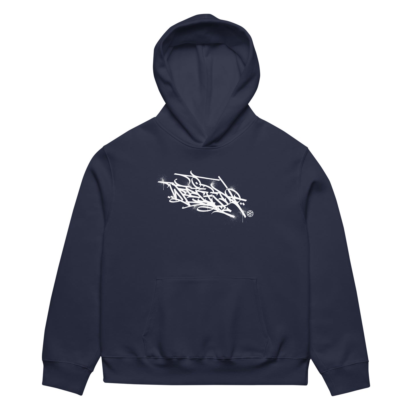 Navy-Weirdo Graffiti Tag Hoodie by Shew from B.Different Clothing, front view, graffiti-inspired streetwear, oversized heavyweight