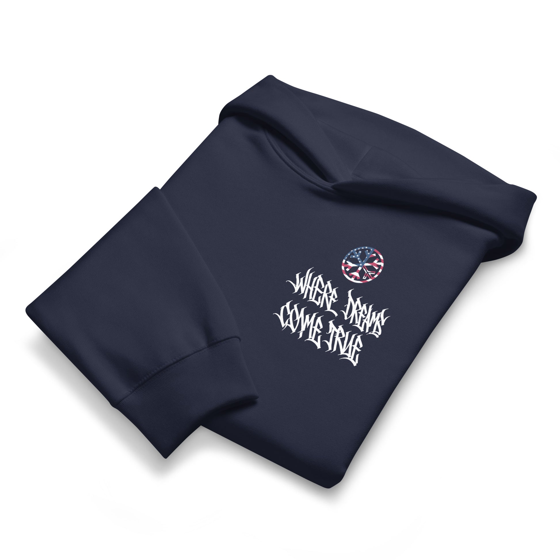 Navy-Flag Graffiti Hoodie from B.Different Clothing, front view, graffiti-inspired streetwear, oversized heavyweight