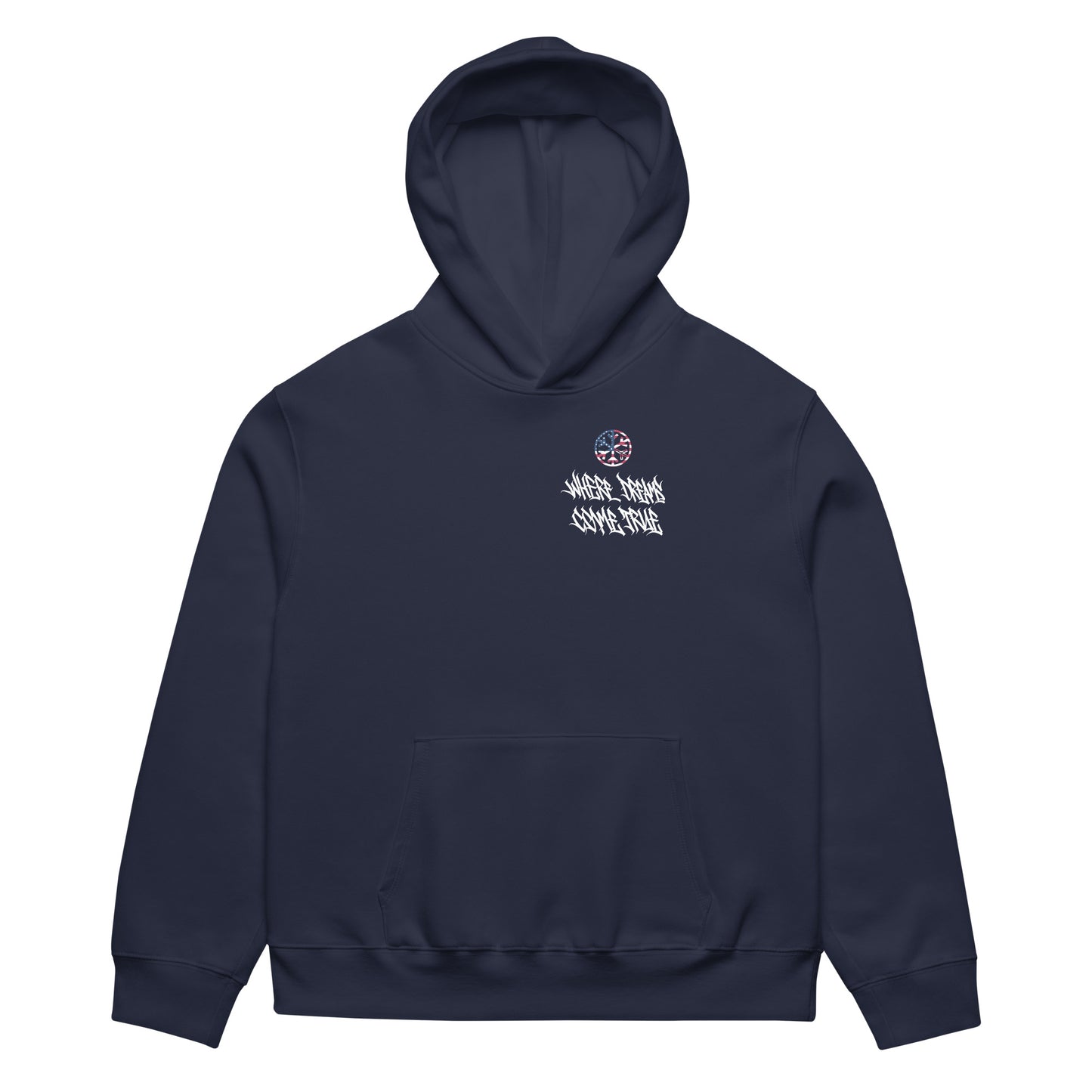 Navy-Flag Graffiti Hoodie from B.Different Clothing, folded, graffiti-inspired streetwear, oversized heavyweight