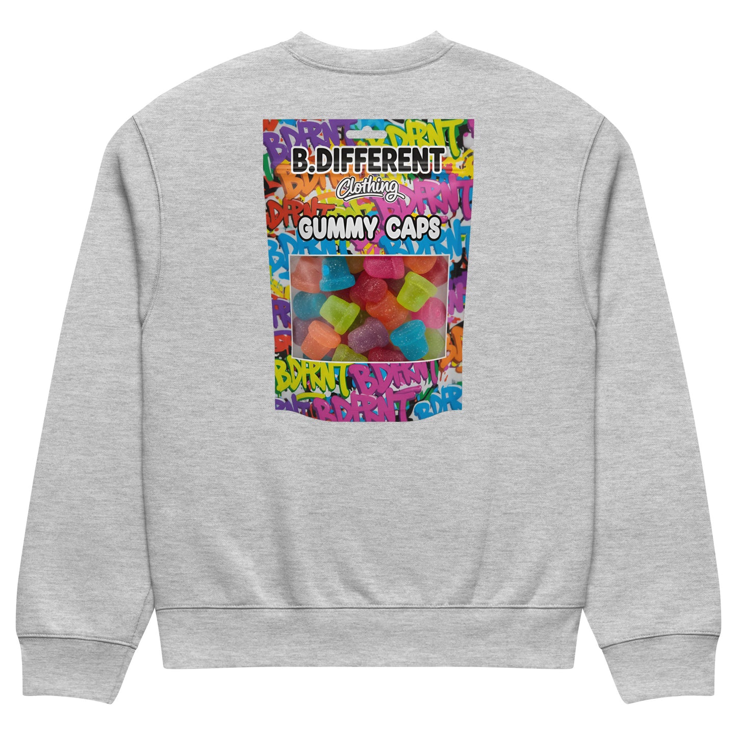 Gray-Gummy Caps Graffiti Sweatshirt from B.Different Clothing, back view, graffiti-inspired streetwear, oversized heavyweight