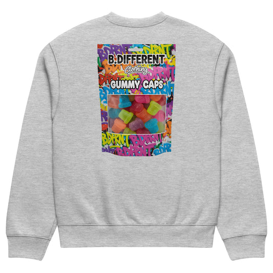 Gray-Gummy Caps Graffiti Sweatshirt from B.Different Clothing, back view, graffiti-inspired streetwear, oversized heavyweight