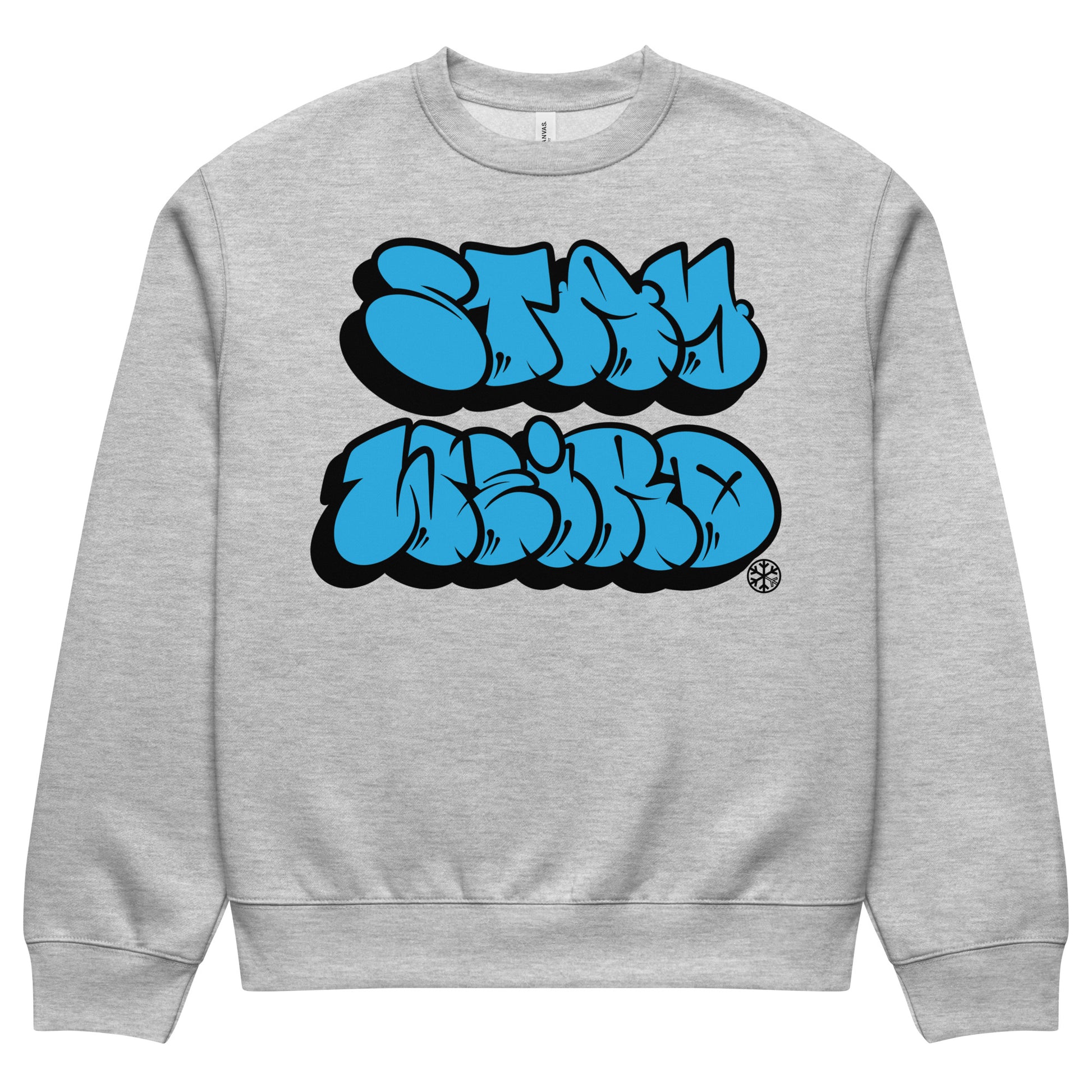 Gray-Stay Weird Graffiti Throwie Sweatshirt by Monsterinho from B.Different Clothing, front view, graffiti-inspired streetwear, oversized heavyweight