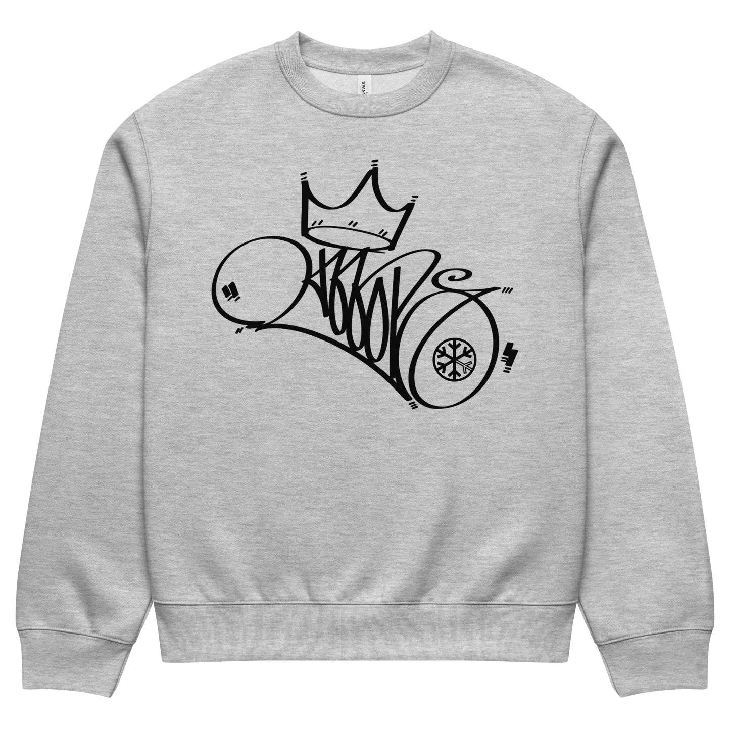 Gray-Mop King Tag Sweatshirt by Graffiti Dad from B.Different Clothing, front view, graffiti-inspired streetwear, oversized heavyweight