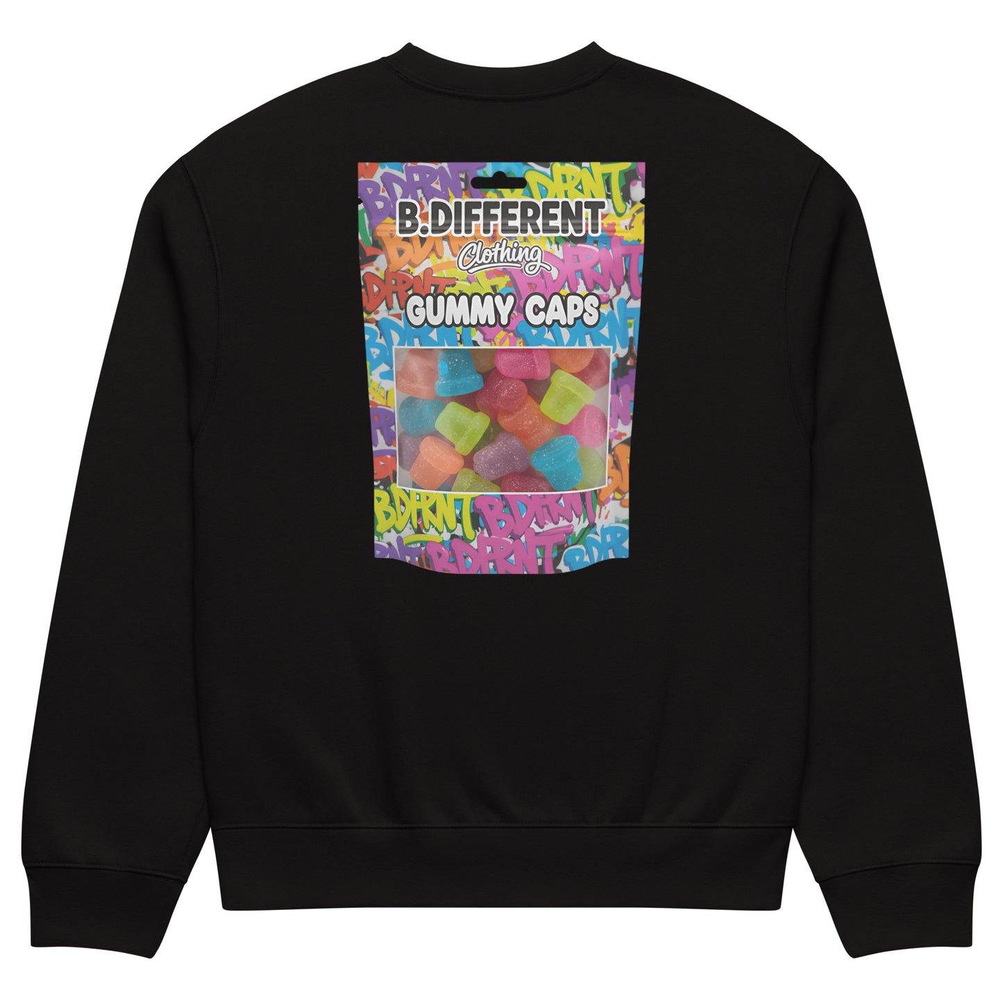 Black-Gummy Caps Graffiti Sweatshirt from B.Different Clothing, back view, graffiti-inspired streetwear, oversized heavyweight