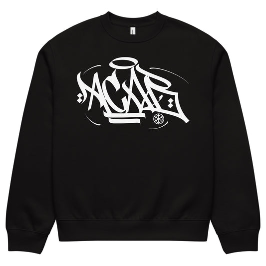 Black-Acab Graffiti Tag Sweatshirt by Caos One from B.Different Clothing, front view, graffiti-inspired streetwear, oversized heavyweight