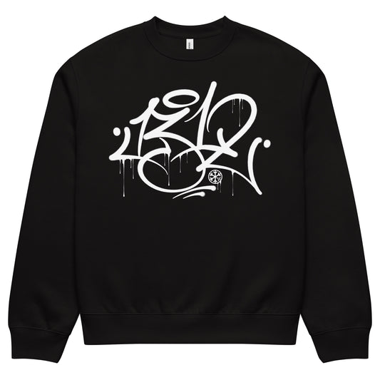 Black-1312 Graffiti Tag Sweatshirt by Caos One from B.Different Clothing, front view, graffiti-inspired streetwear, oversized heavyweight