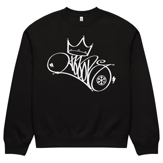 Black-Mop King Tag Sweatshirt by Graffiti Dad from B.Different Clothing, front view, graffiti-inspired streetwear, oversized heavyweight