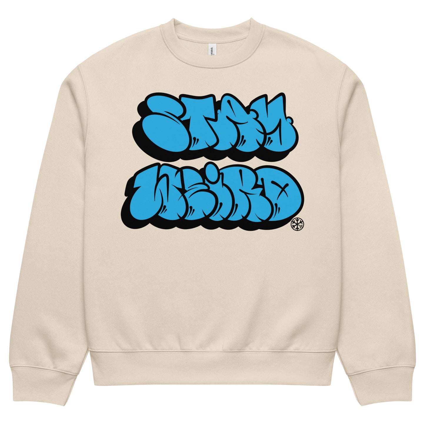 Beige-Stay Weird Graffiti Throwie Sweatshirt by Monsterinho from B.Different Clothing, front view, graffiti-inspired streetwear, oversized heavyweight