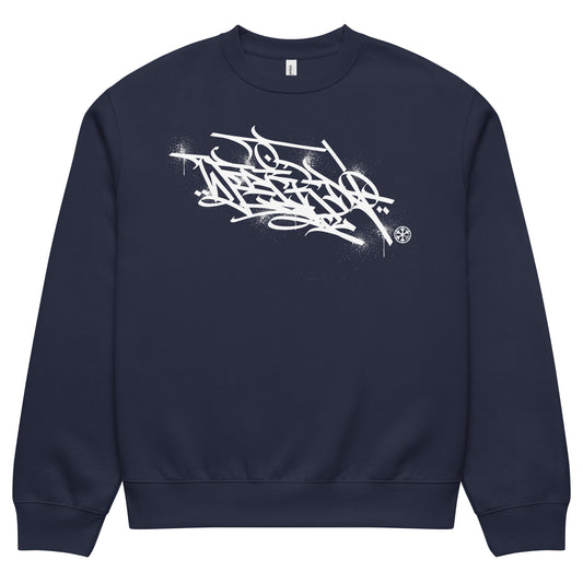 Navy-Weirdo Graffiti Tag Sweatshirt by Shew from B.Different Clothing, front view, graffiti-inspired streetwear, oversized heavyweight