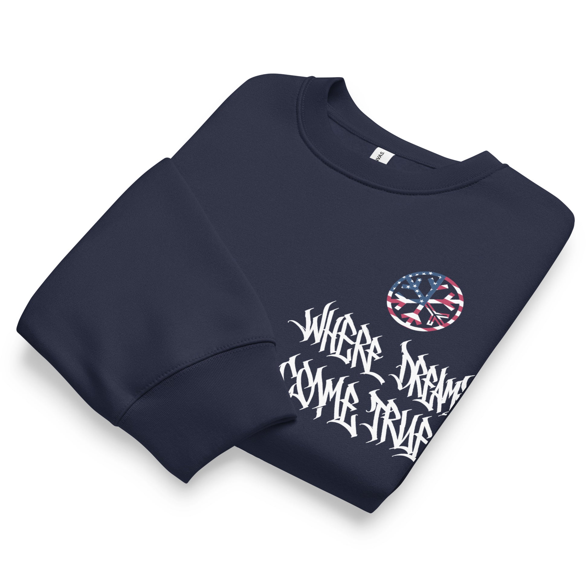 Navy-Flag Graffiti Sweatshirt from B.Different Clothing, front view, graffiti-inspired streetwear, oversized heavyweight