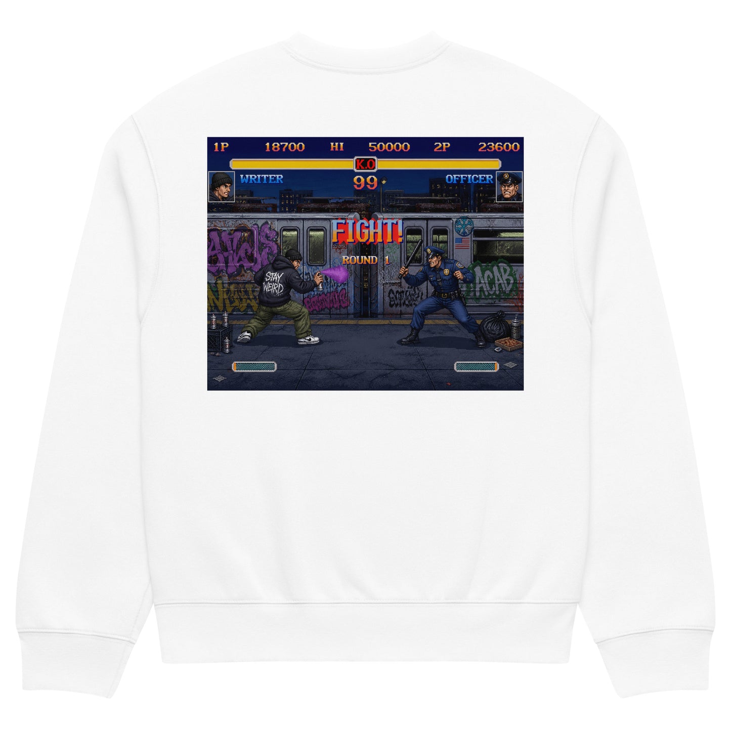 White-Street Writer II Graffiti Sweatshirt from B.Different Clothing, back view, graffiti-inspired streetwear, oversized heavyweight