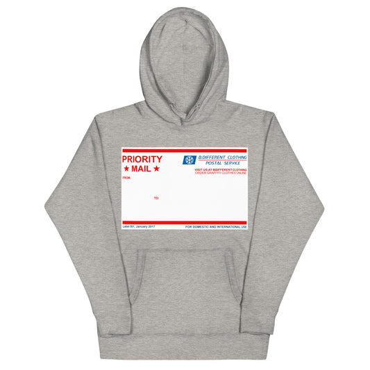 gray-Priority Mail Graffiti Hoodie from B.Different Clothing, front view, graffiti-inspired streetwear