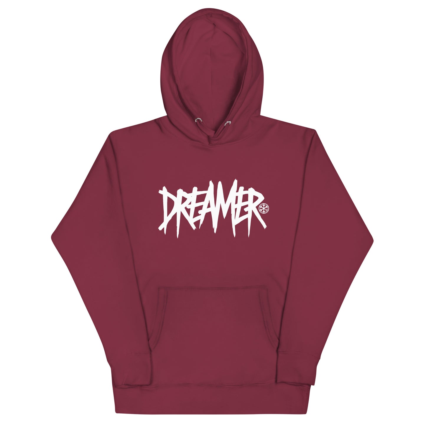 Maroon-Dreamer Graffiti Tag Hoodie from B.Different Clothing, front view, graffiti-inspired streetwear